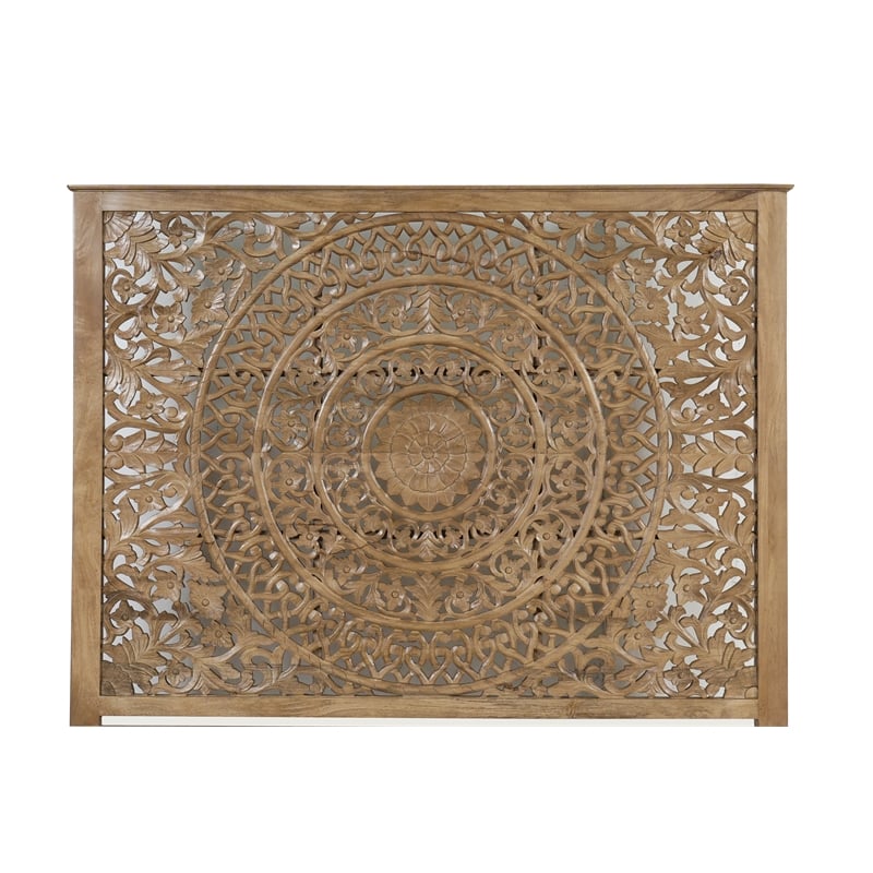 Gianna Floral Carved Weathered Solid Wood King Panel Bed in Brown