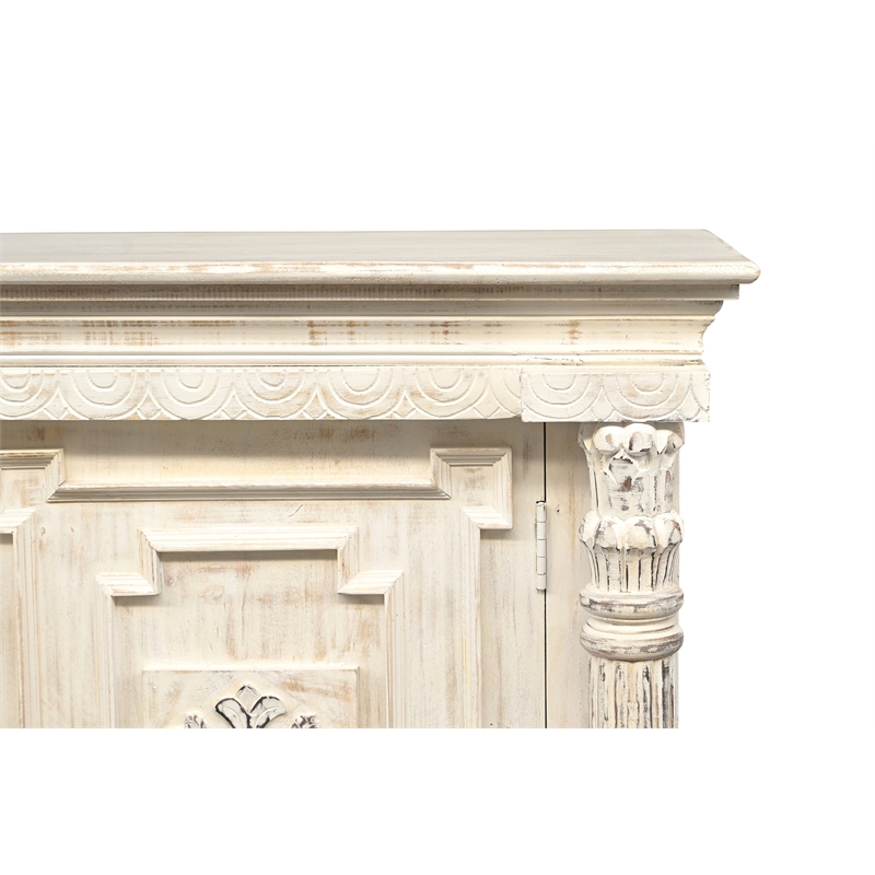 Isabella 4-door Weathered Carved Solid Wood Sideboard in White