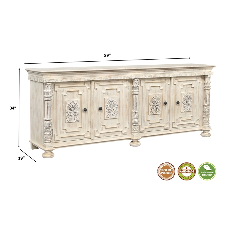 Isabella 4-door Weathered Carved Solid Wood Sideboard in White