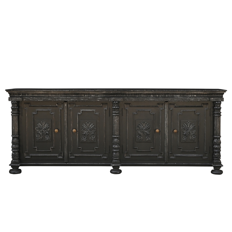 Isabella 4-door Weathered Carved Solid Wood Sideboard in Black