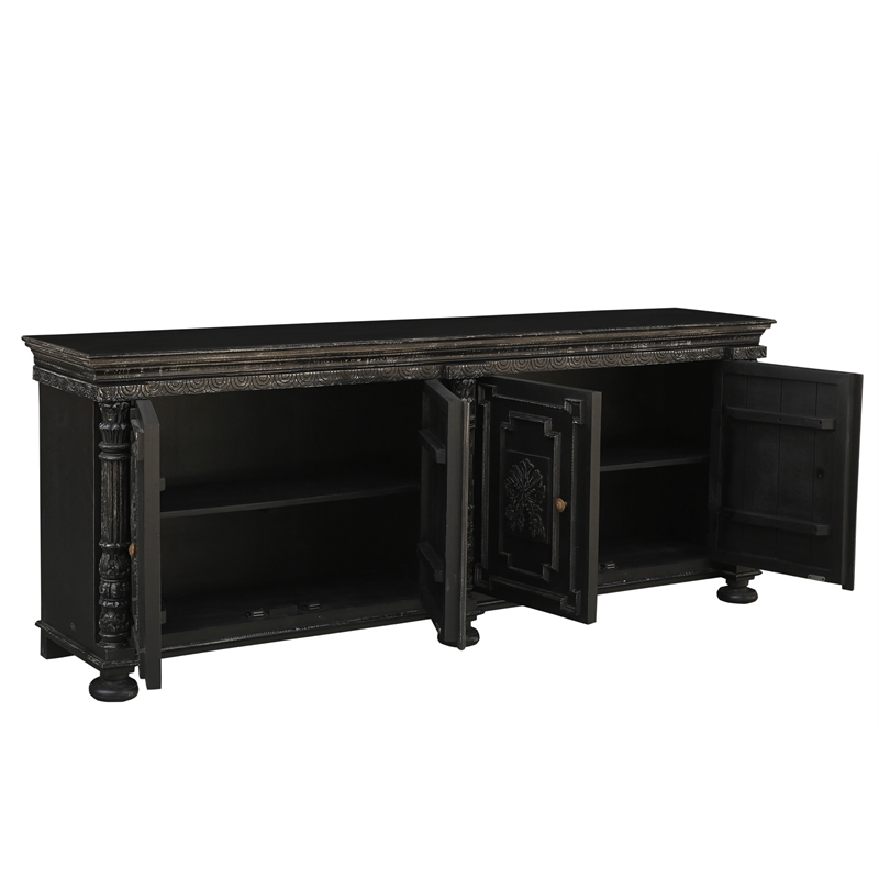 Isabella 4-door Weathered Carved Solid Wood Sideboard in Black