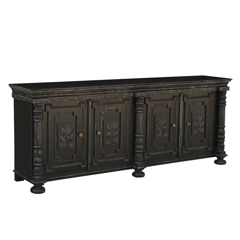 Isabella 4-door Weathered Carved Solid Wood Sideboard in Black