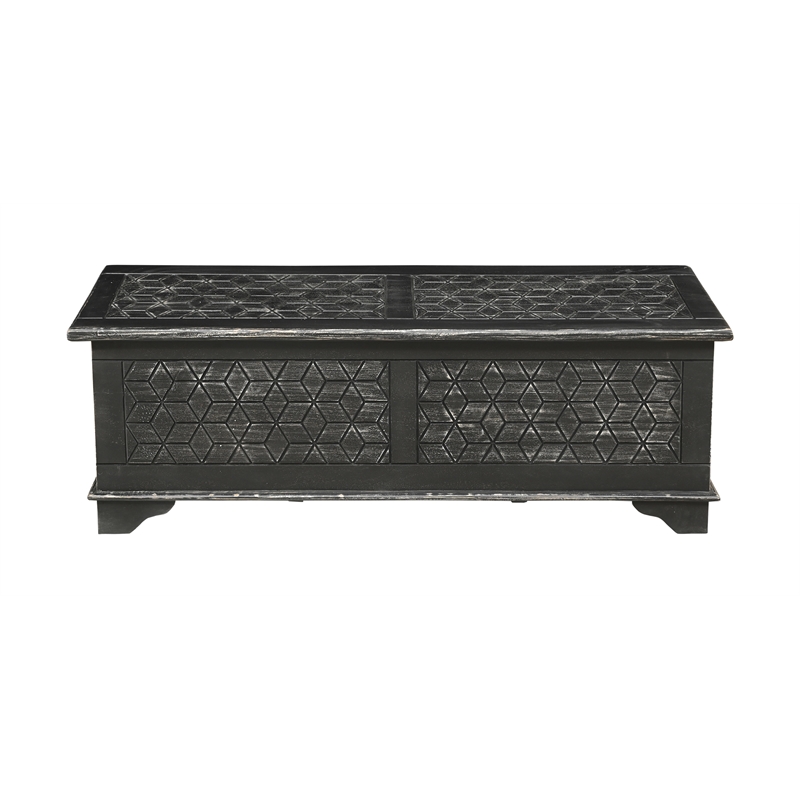 Isabella Solid Wood Storage Ottoman with Geometric Carved Design in Black