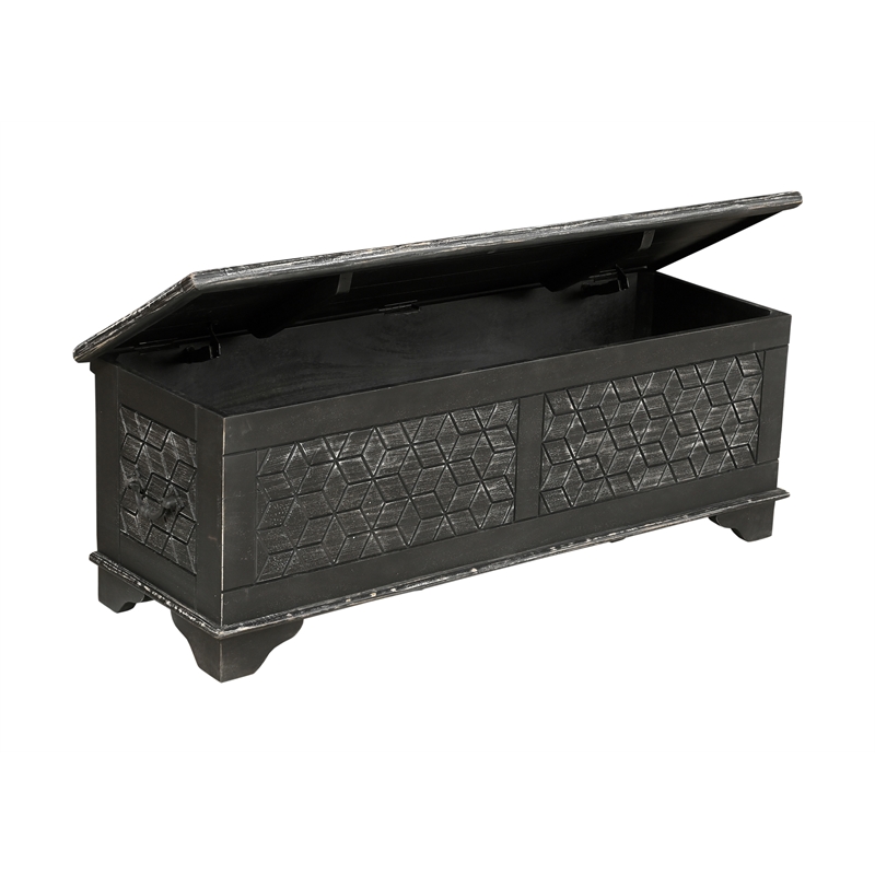 Isabella Solid Wood Storage Ottoman with Geometric Carved Design in Black
