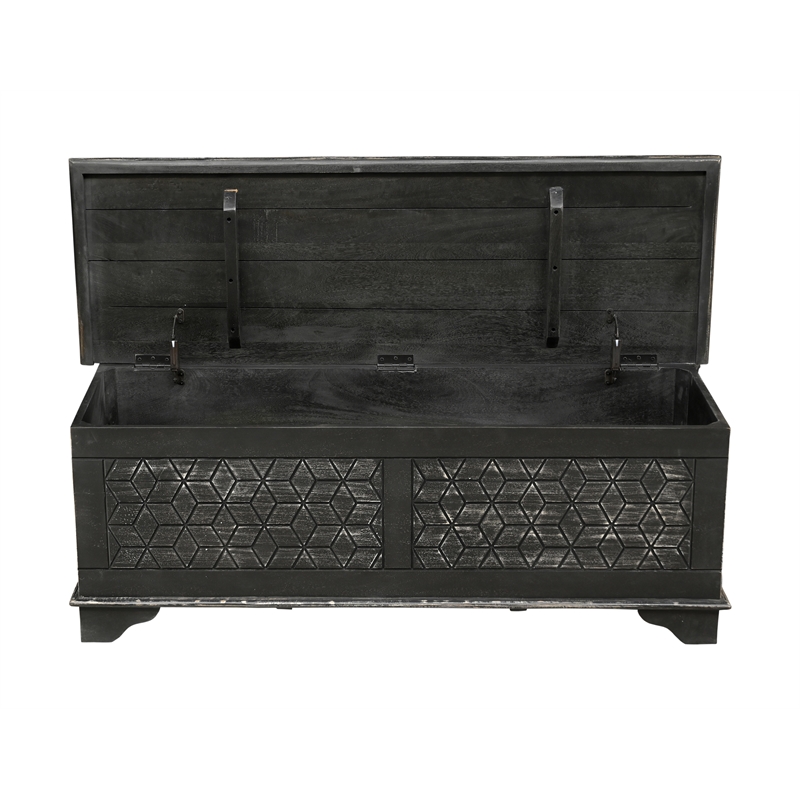 Isabella Solid Wood Storage Ottoman with Geometric Carved Design in Black