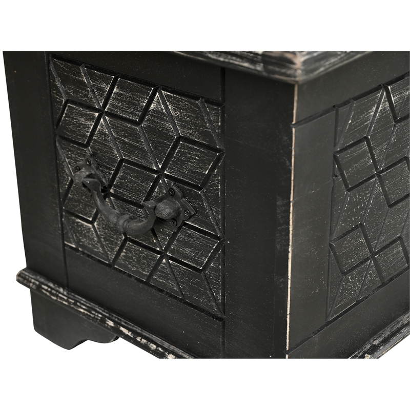 Isabella Solid Wood Storage Ottoman with Geometric Carved Design in Black