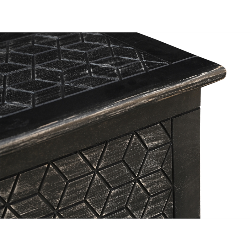 Isabella Solid Wood Storage Ottoman with Geometric Carved Design in Black