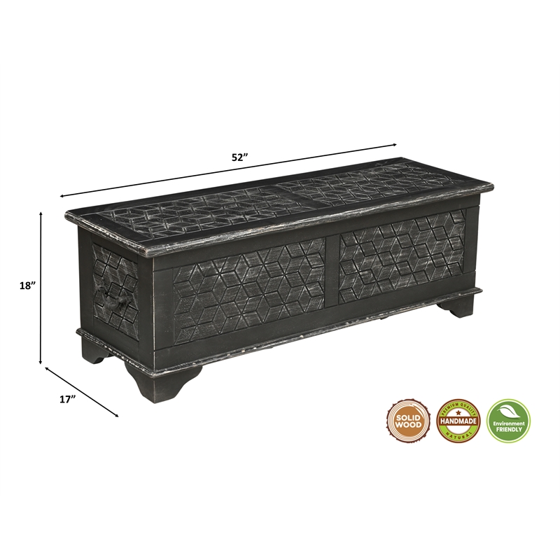 Isabella Solid Wood Storage Ottoman with Geometric Carved Design in Black