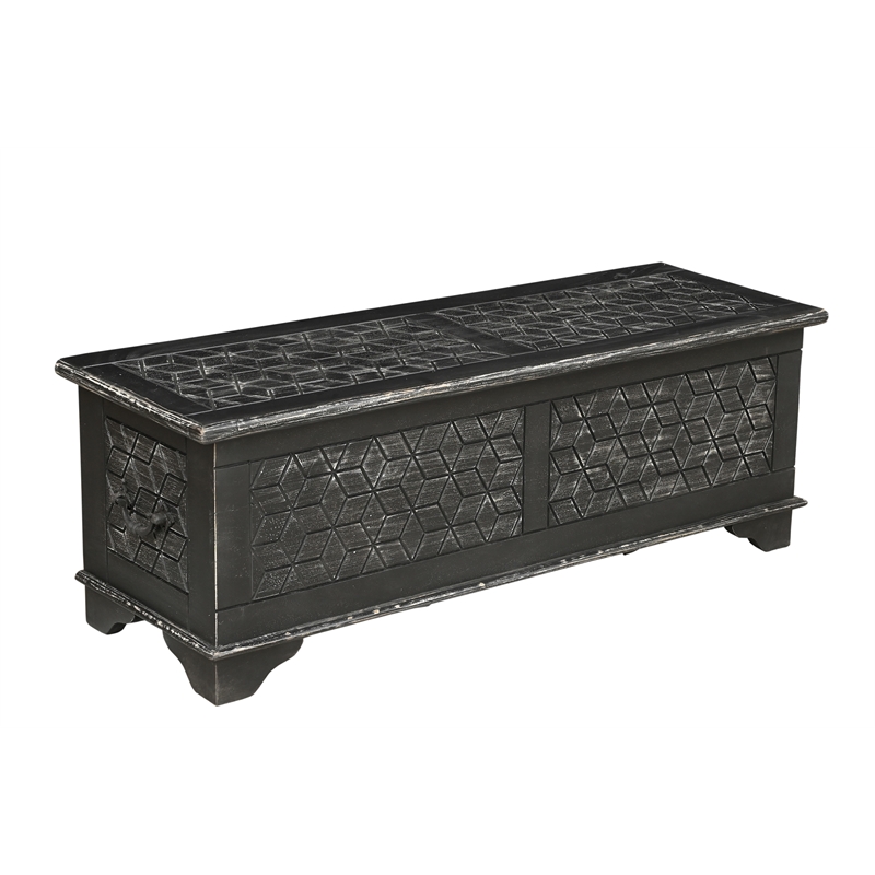 Isabella Solid Wood Storage Ottoman with Geometric Carved Design in Black