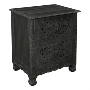 Monte Farmhouse 2-drawer Floral Carved Solid Wood Nightstand in Black