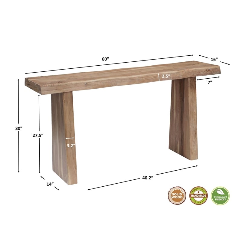 darcy modern live edge solid wood console table 60&quot in light brown