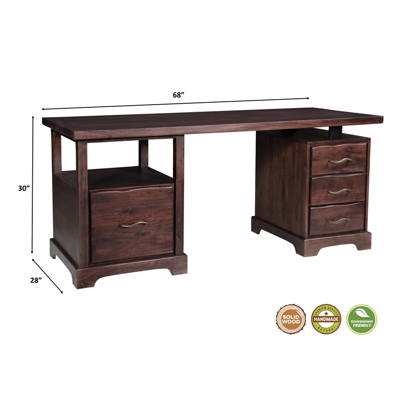 Darcy Solid Wood Writing Desk in Brown 68 Inches Long with Filing Drawer