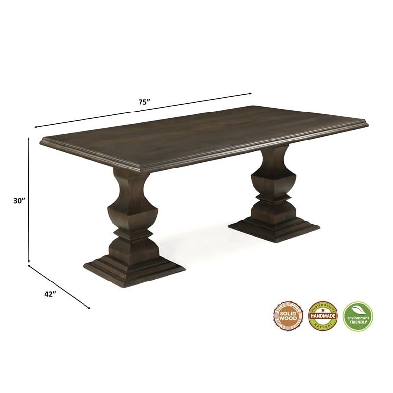 Lawrence Solid Wood Double Pedestal Dining Table in Dark Brown 75 Inches Long