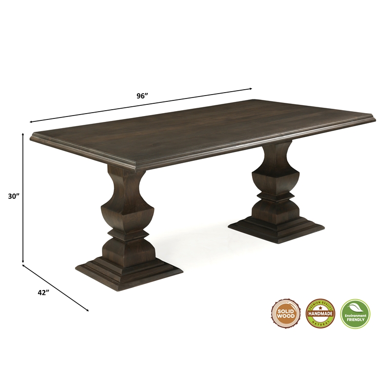 Lawrence Solid Wood Double Pedestal Dining Table in Dark Brown 96 Inches Long