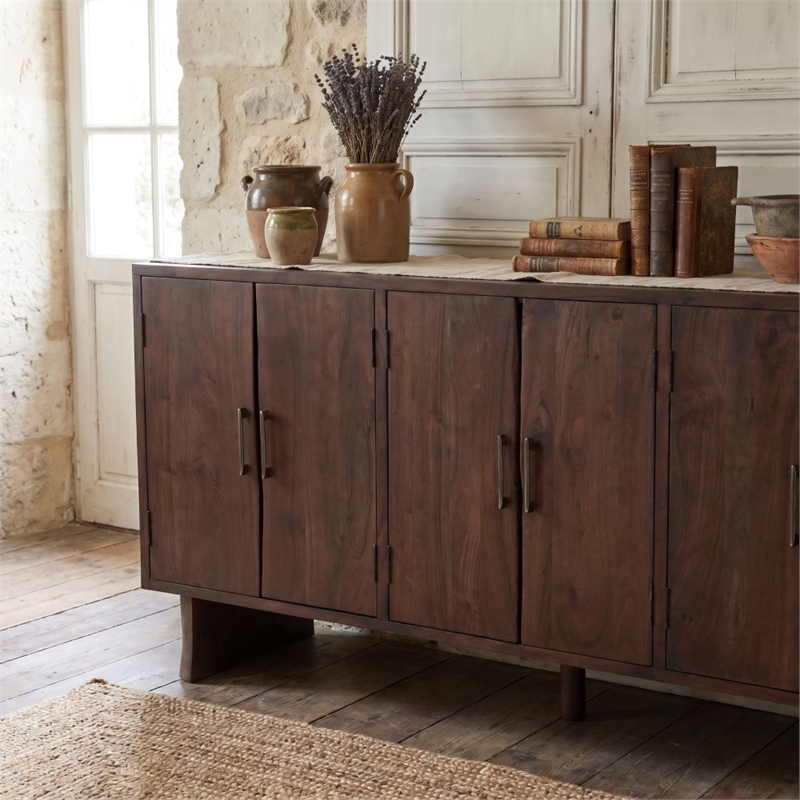 Werrick Solid Wood Rectangular Sideboard in Dark Brown 69 Inches Long