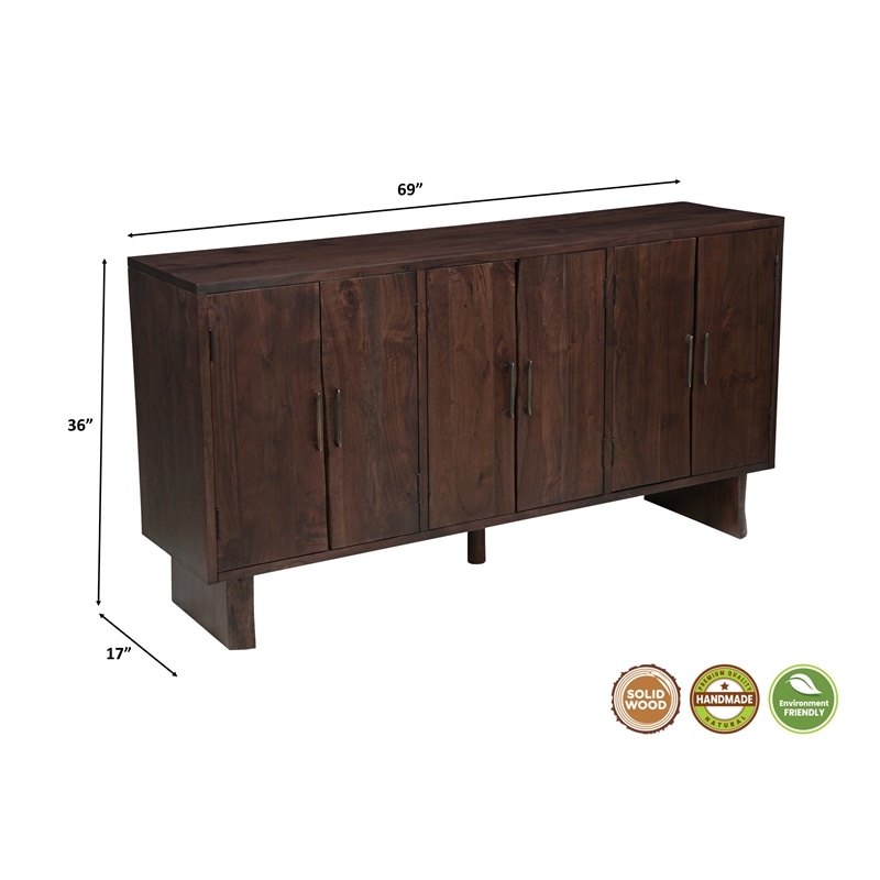 Werrick Solid Wood Rectangular Sideboard in Dark Brown 69 Inches Long
