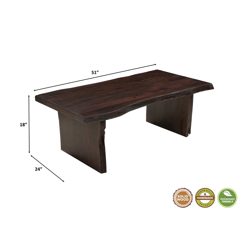 Werrick Modern Live Edge Solid Wood Coffee Table in Dark Brown 51 Inches Long