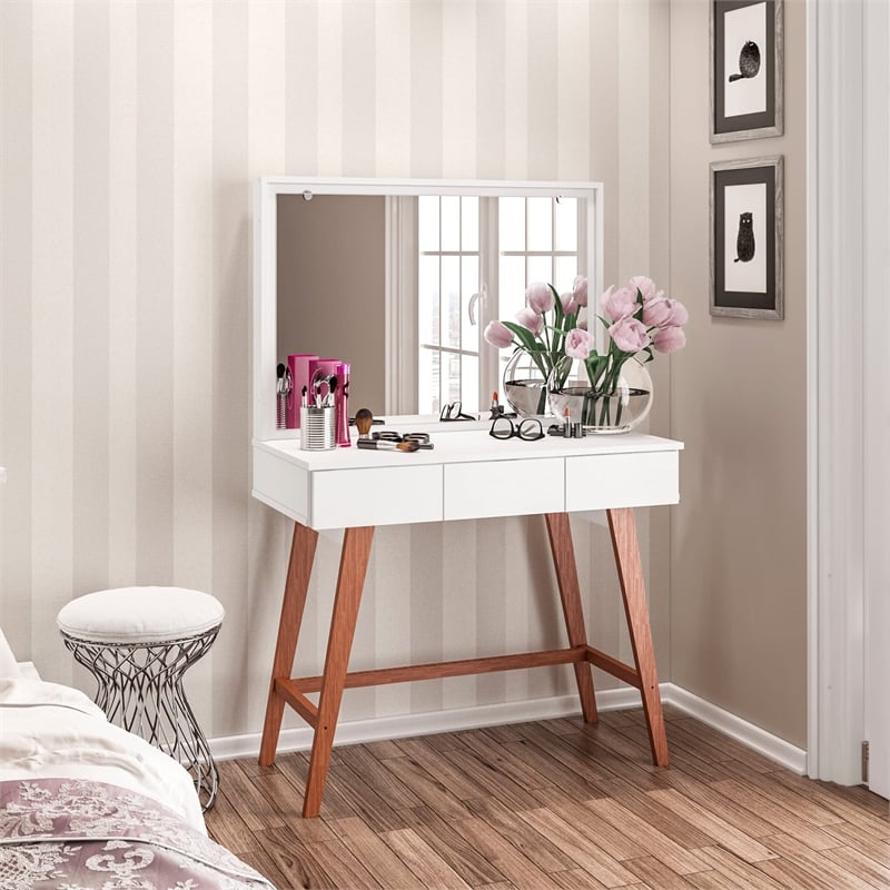 Boahaus Alice 3-Drawer Modern Wood Dressing Table with Mirror in White