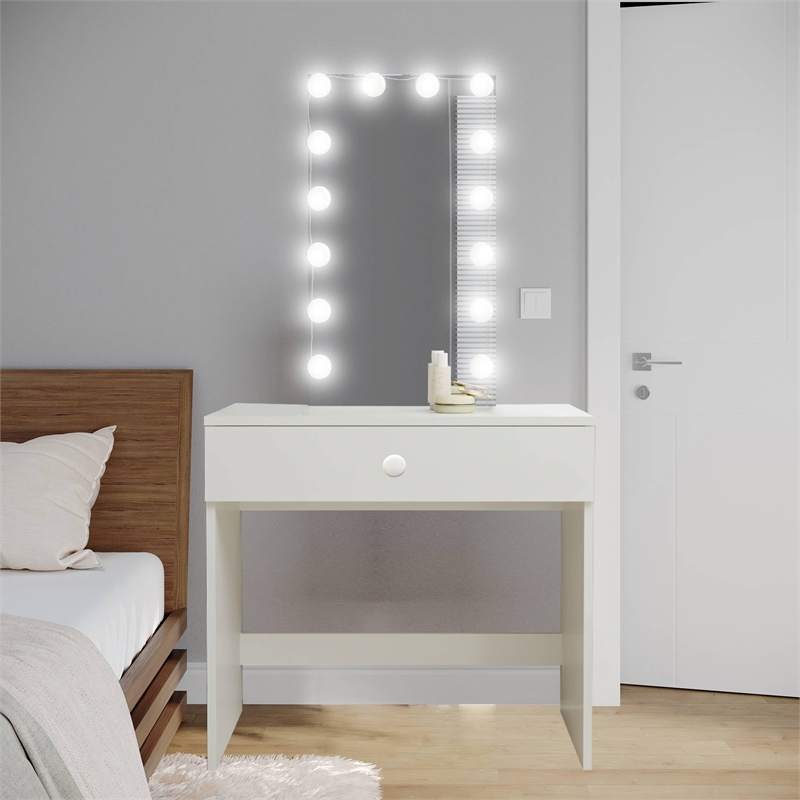 Boahaus Ariadne 1-Drawer Modern Wood Vanity with Light Bulbs in White