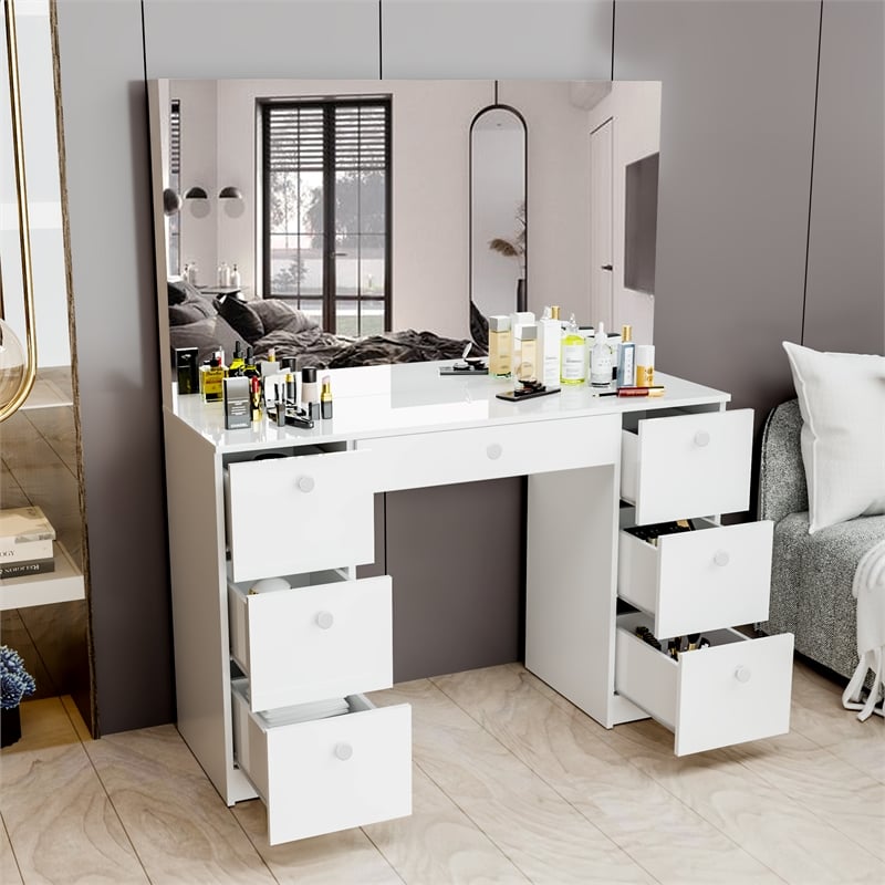 Boahaus Artemisia 7-Drawer Modern Wood Dressing Table with Mirror in White