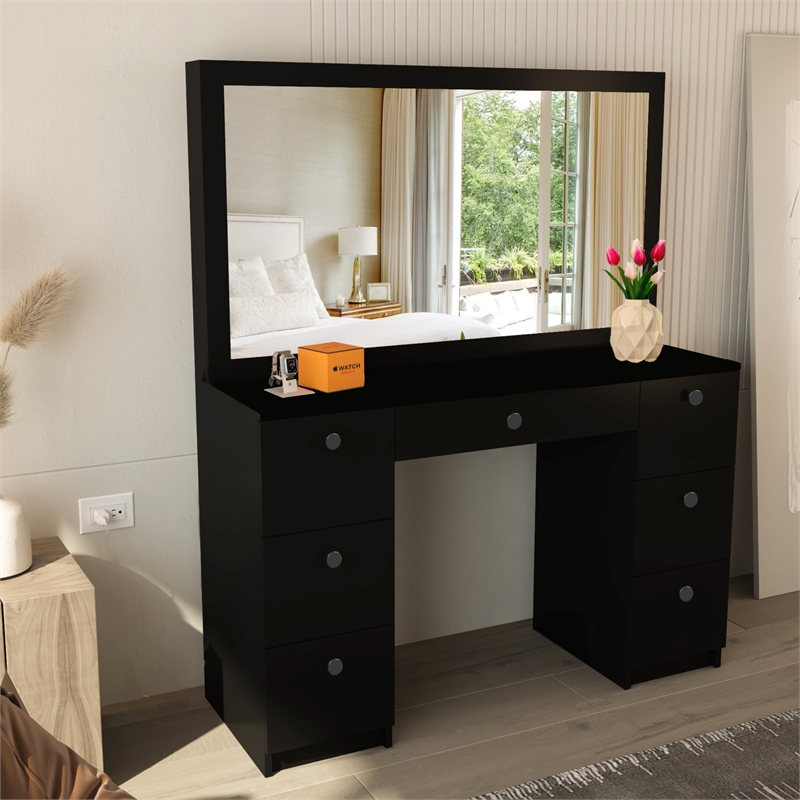 Boahaus Artemisia 7-Drawer Modern Wood Dressing Table with Mirror in Black