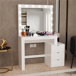 Boahaus Aurora 3-Drawer Modern Wood Dressing Table with Light Bulbs in White