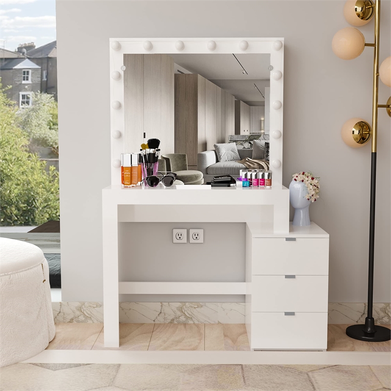 Boahaus Aurora 3-Drawer Modern Wood Dressing Table with Light Bulbs in White