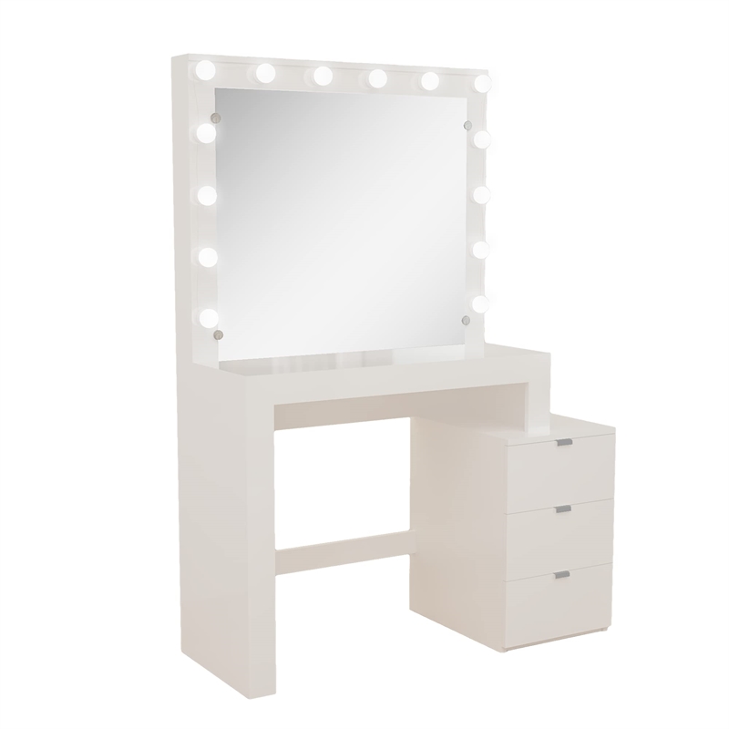 Boahaus Aurora 3-Drawer Modern Wood Dressing Table with Light Bulbs in White