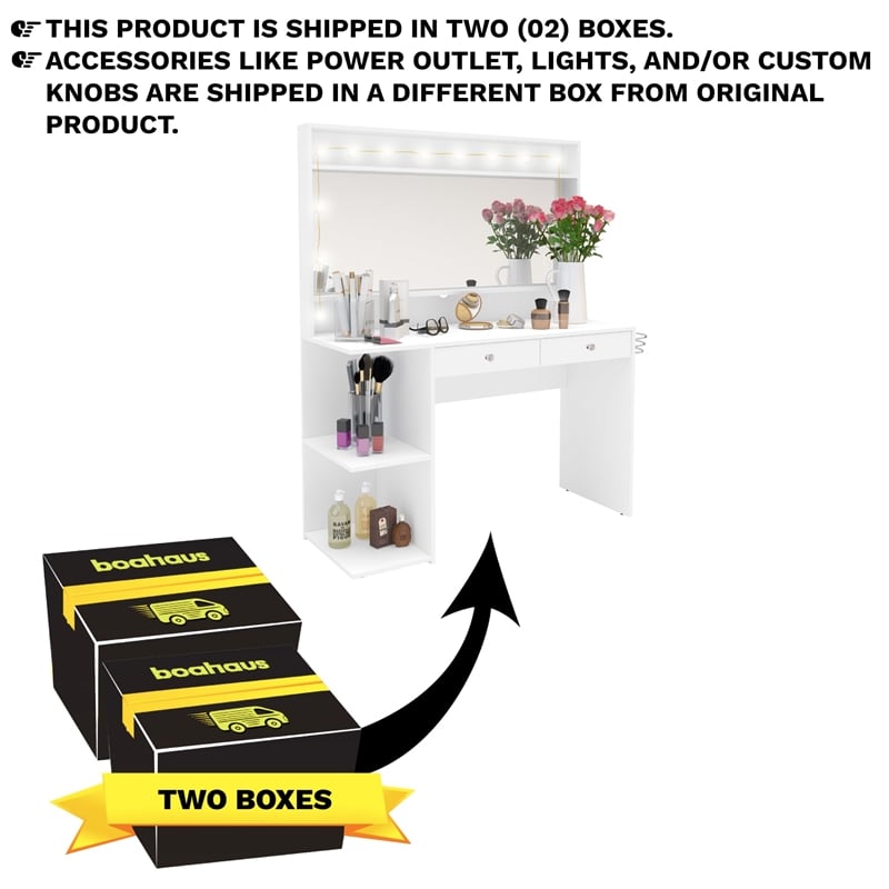Boahaus Berenice 2-Drawer Modern Wood Dressing Table with Mirror in White