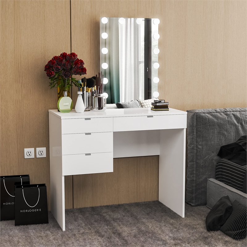 Boahaus Camilla 4-Drawer Modern Wood Vanity with LED Light Bulbs in White