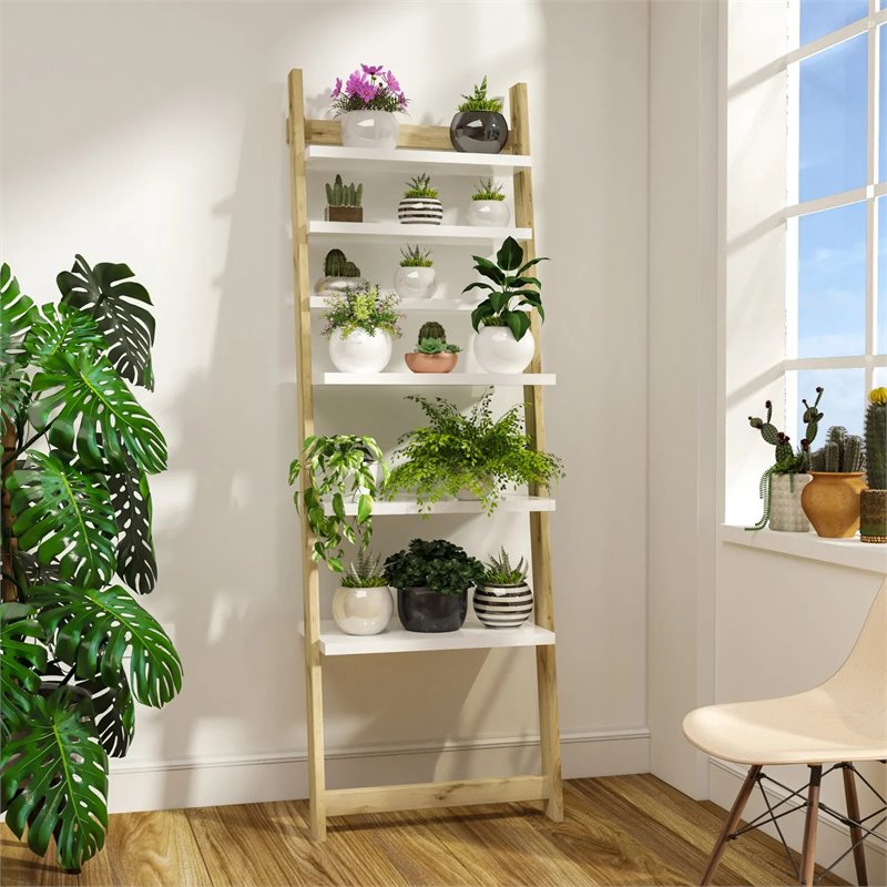 Boahaus Danderyd 6Shelf Modern Wood Ladder Bookcase in White/Pine Brown