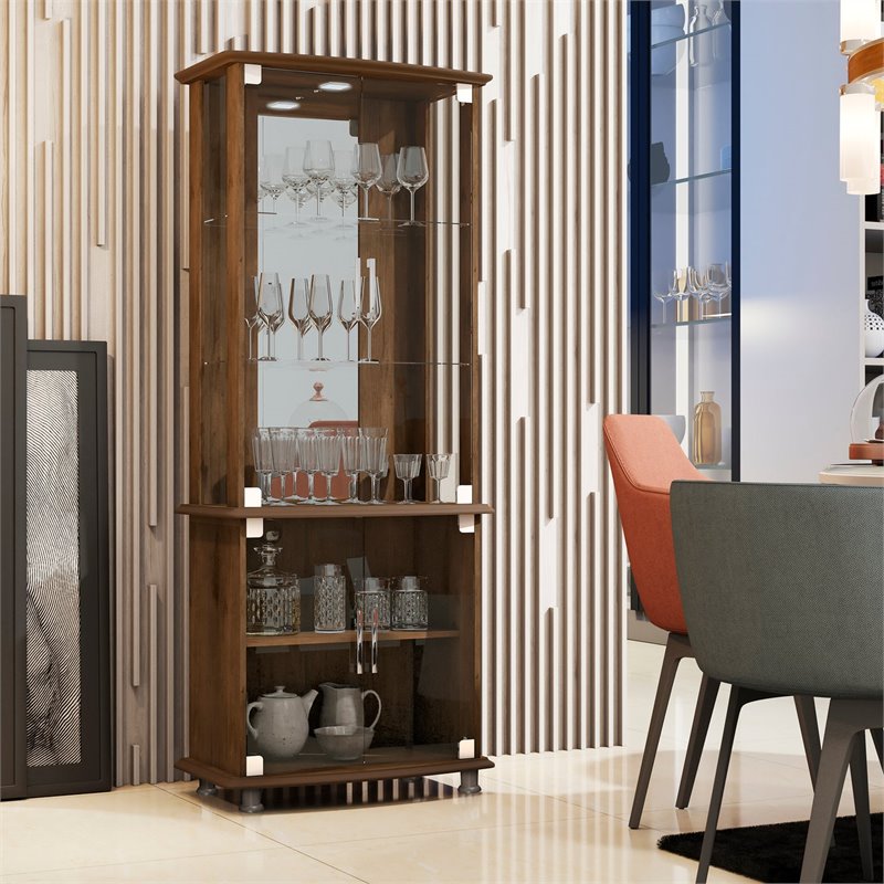 Boahaus Stirling 4-Door Wood Bar Cabinet with Lights in Dark Brown
