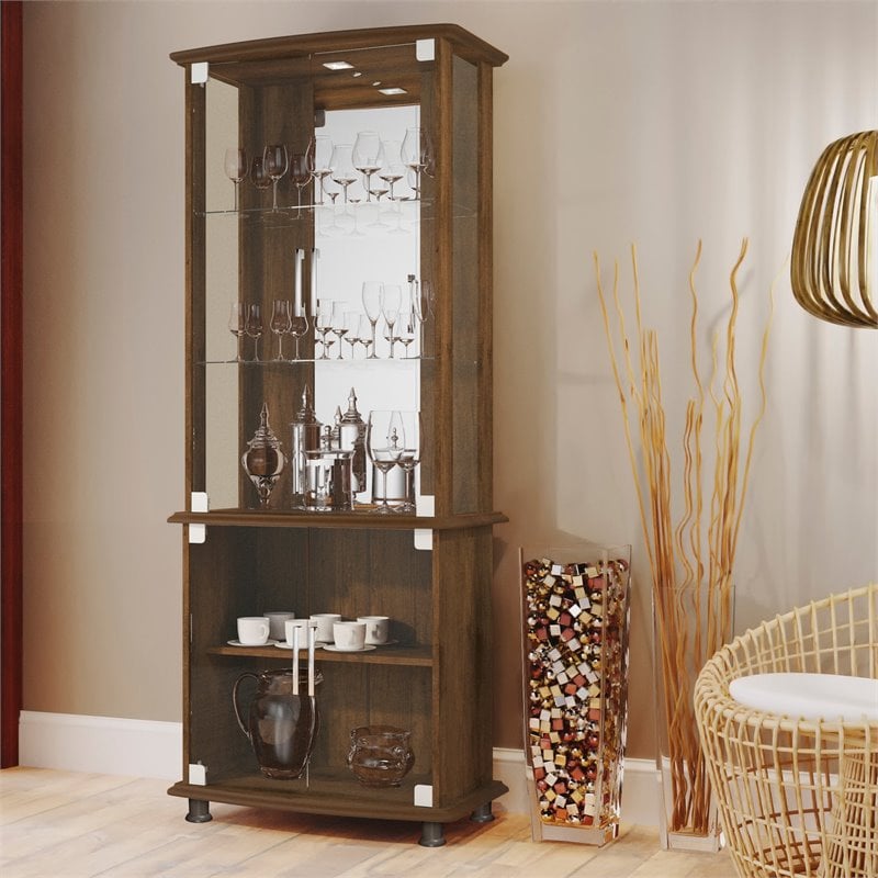 Boahaus Stirling 4-Door Wood Bar Cabinet with Lights in Dark Brown