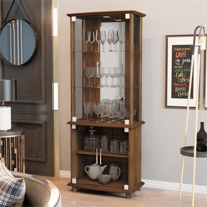 Boahaus Stirling 4-Door Wood Bar Cabinet with Lights in Dark Brown