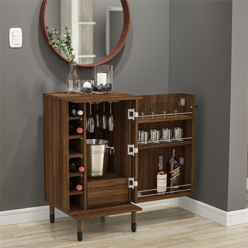 Boahaus Wrexham 1-Drawer Wood Bar Cabinet with Hanging Storage in Dark Brown