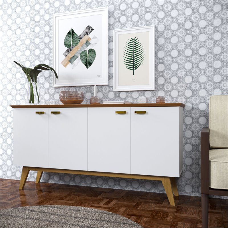 Boahaus Foix Modern Wood Sideboard with 4 Cabinets in White/Brown