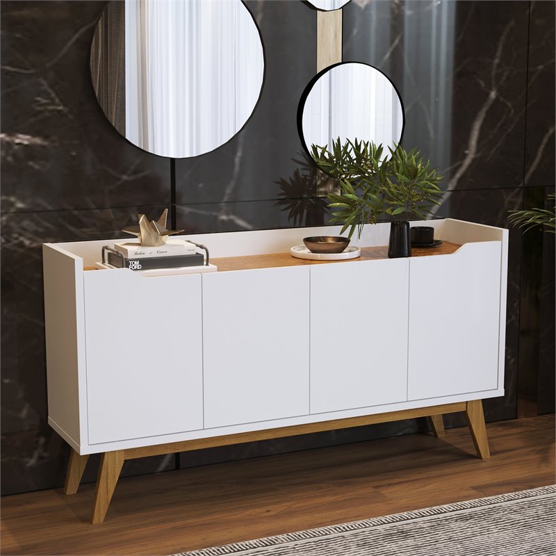 Boahaus Joux Modern Wood Sideboard with 4 Cabinets in White/Brown