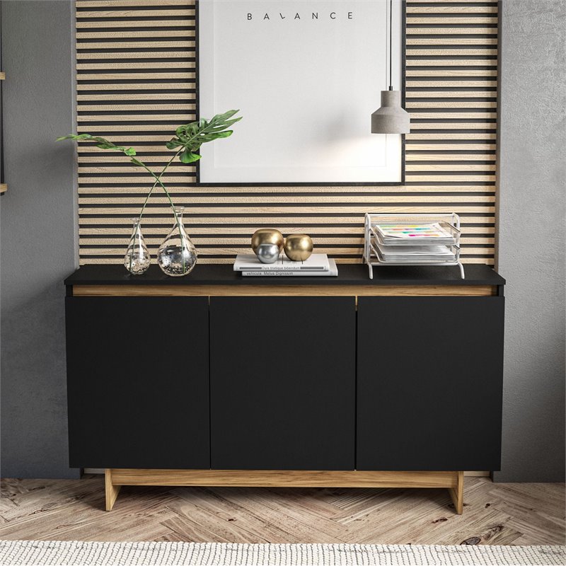 Boahaus Montresor Modern Wood Sideboard with 3 Doors in Black
