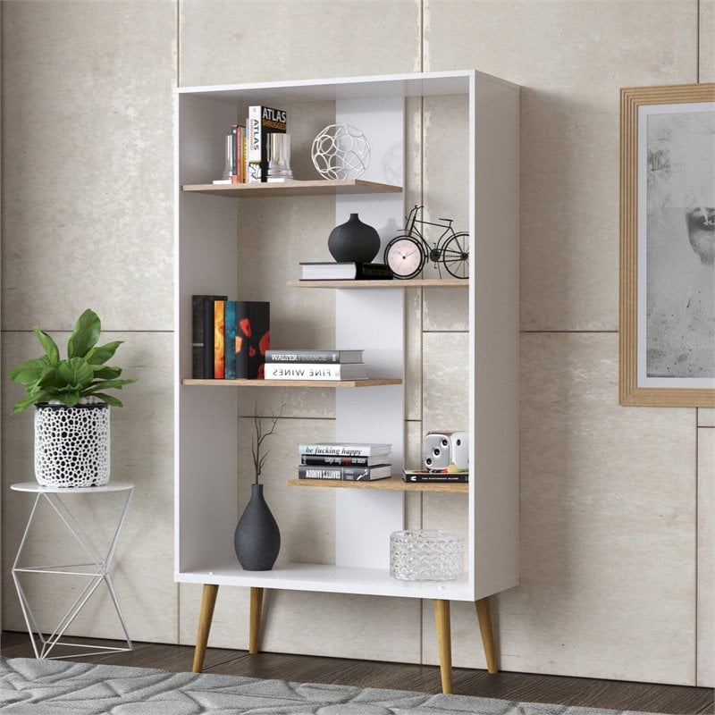 Boahaus Lund Adjustable 5-Shelf Modern Wood Bookcase in White/Brown