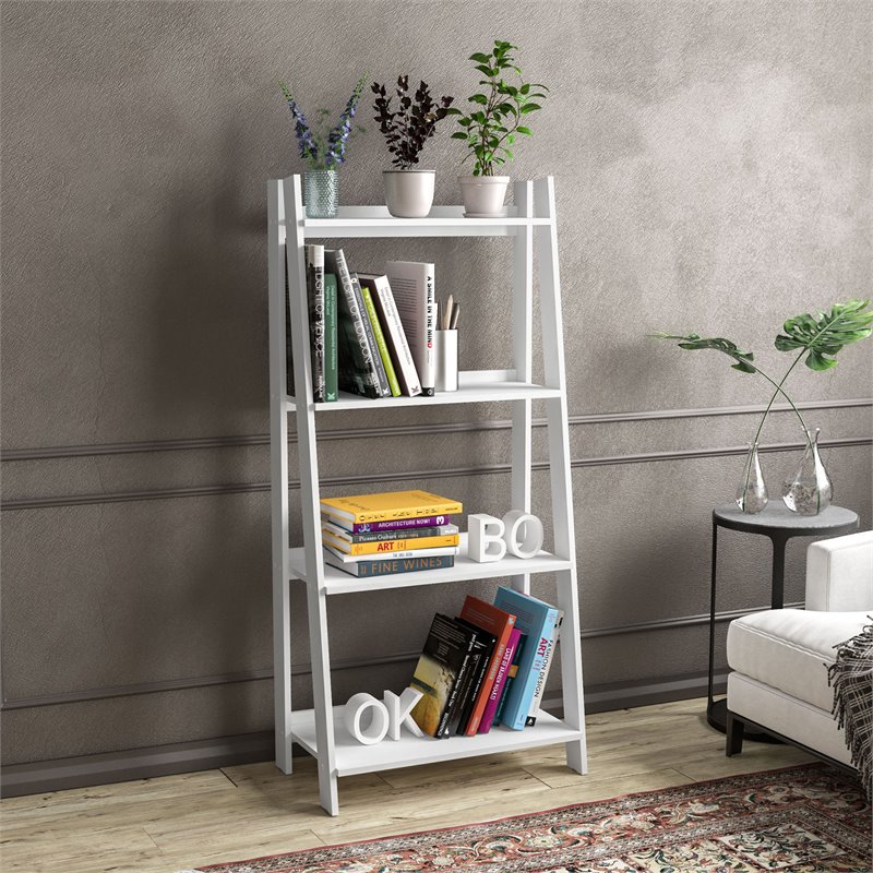 Boahaus Orebro 4-Shelf Modern Wood Ladder Bookcase with Open Storage in White
