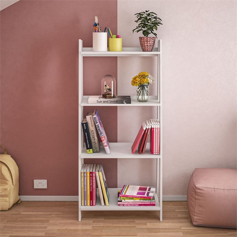 Boahaus Orebro 4-Shelf Modern Wood Ladder Bookcase with Open Storage in White