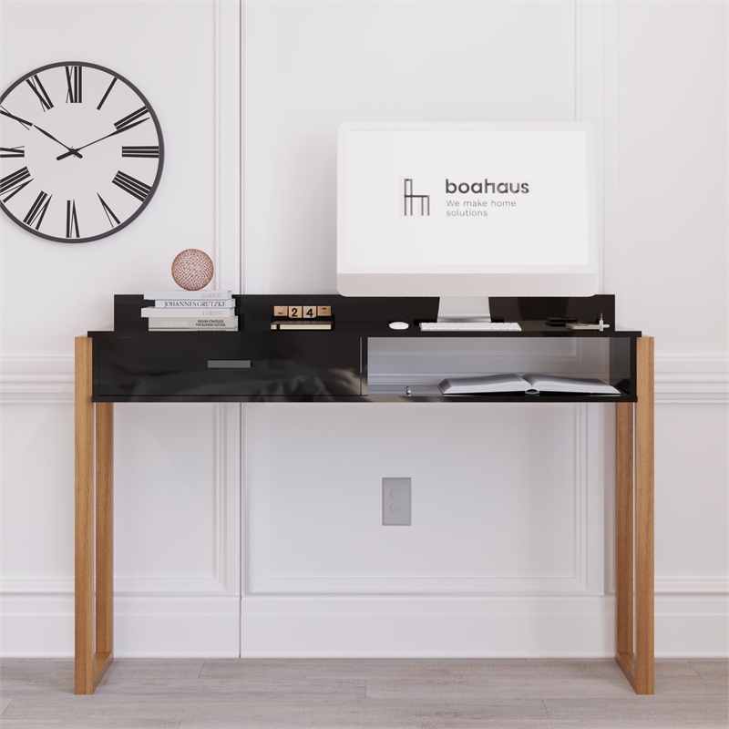 Boahaus Bangkok Modern Wood Computer Desk with Hutch in White/Pine Brown