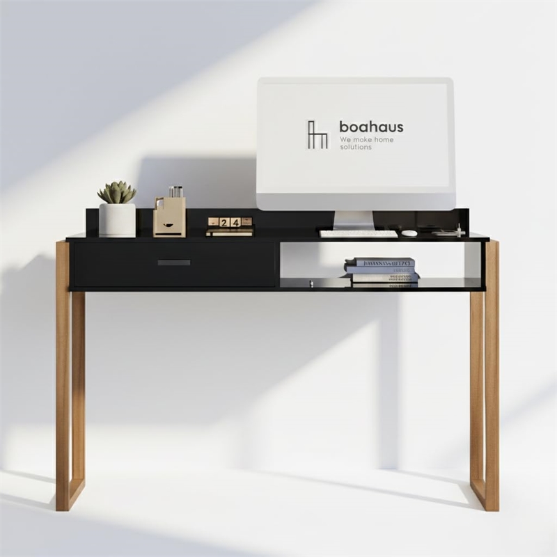 Boahaus Bangkok Modern Wood Computer Desk with Hutch in White/Pine Brown