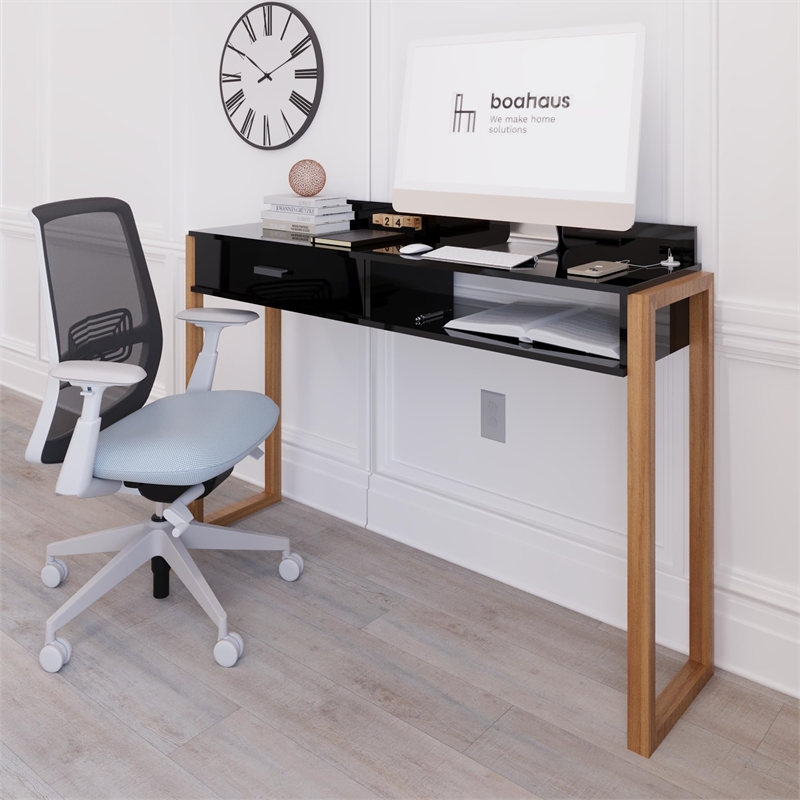 Boahaus Bangkok Modern Wood Computer Desk with Hutch in White/Pine Brown