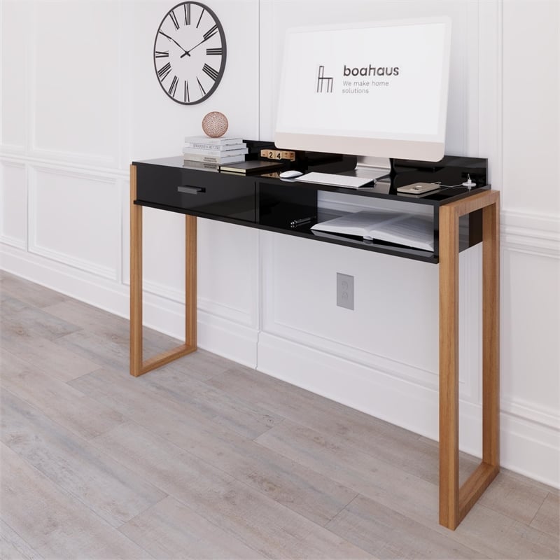 Boahaus Bangkok Modern Wood Computer Desk with Hutch in White/Pine Brown