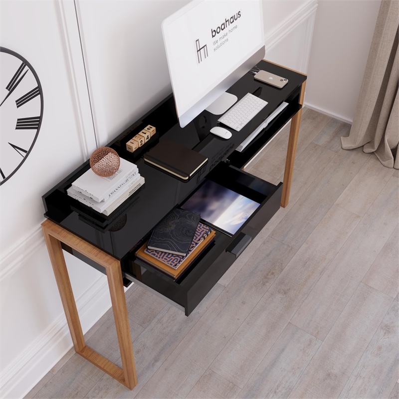 Boahaus Bangkok Modern Wood Computer Desk with Hutch in White/Pine Brown