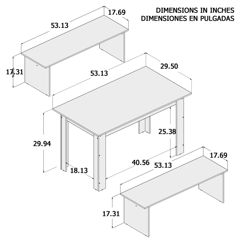 Boahaus Denali 3-Piece Rectangular Modern Wood Dining Set in White