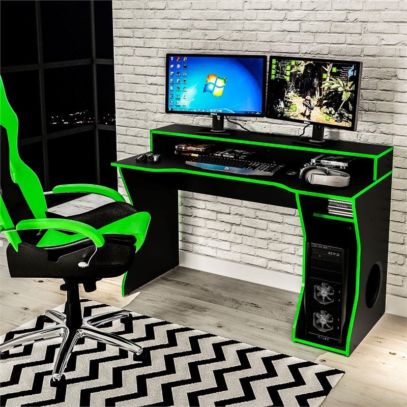 Boahaus Minato Modern Wood Gaming Desk with Shelves in Black/Green