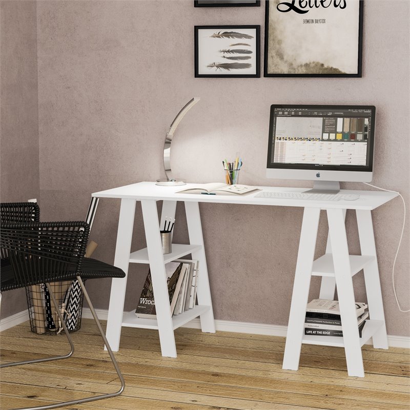 Boahaus Modern Wood Computer Desk with 4 Open Shelves in White