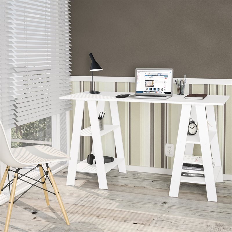 Boahaus Modern Wood Computer Desk with 4 Open Shelves in White